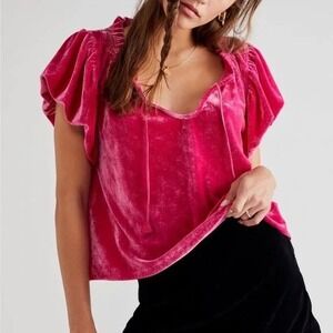 Free People Terese Velvet Cropped‎ Top Flutter Sleeve XSmall Pink
